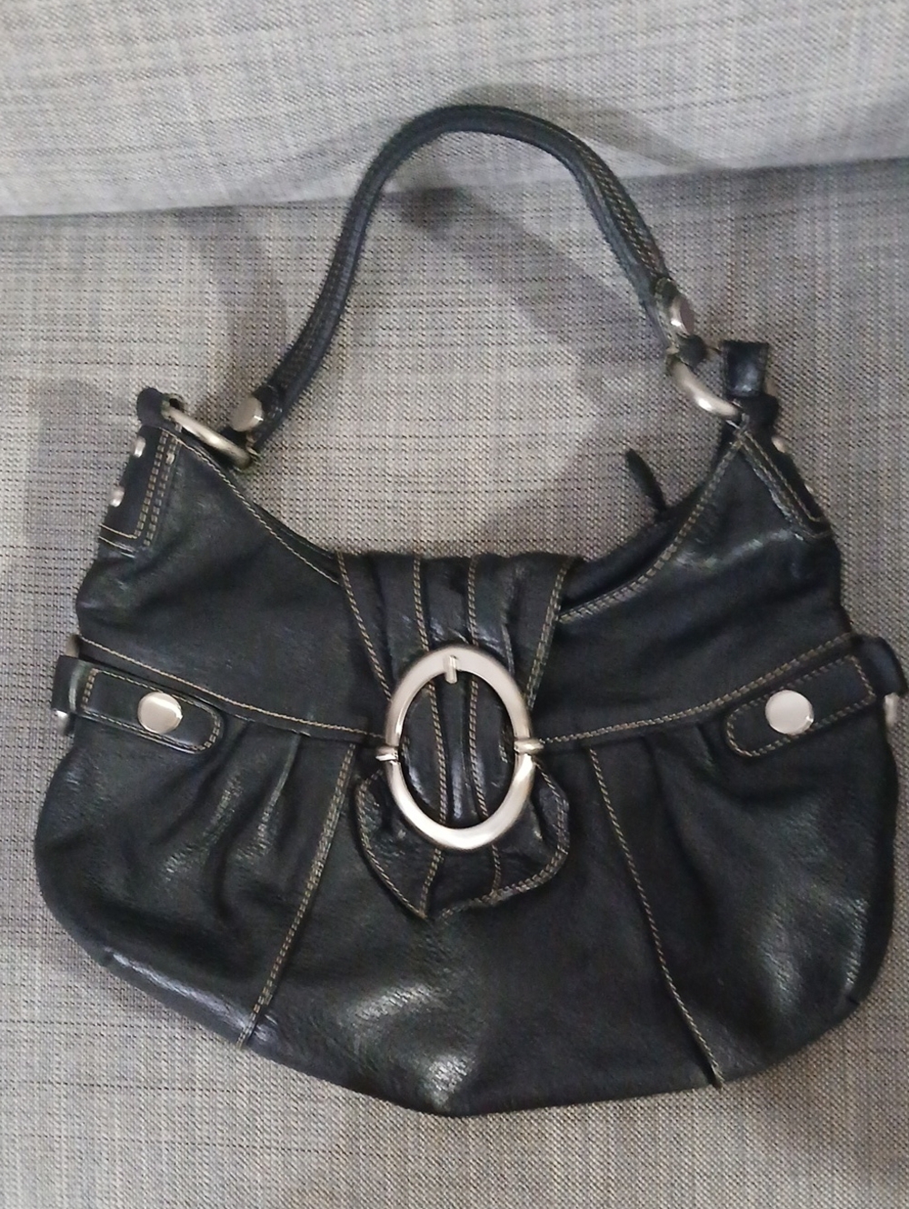 Black Shoulder Hobo Bag with Silver Ring Accent